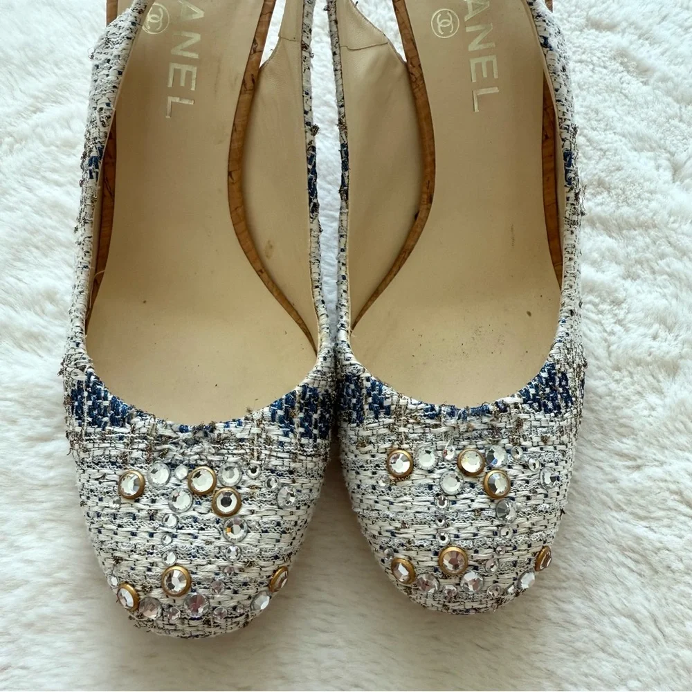 CHANEL Tweed Interlocking CC Blue White Slingback Size 40 EU or 10US Authentic
